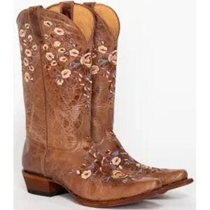 Shyanne Womens Maisie Floral Embroidered Brown Leather Cowboy Boots Snip Toe 8.5